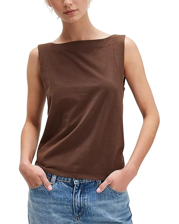 Women Boat Neck Summer Tank Tops Basic Sleeveless Solid Fitted Shirts Casual Going Out Top | Amazon (US)