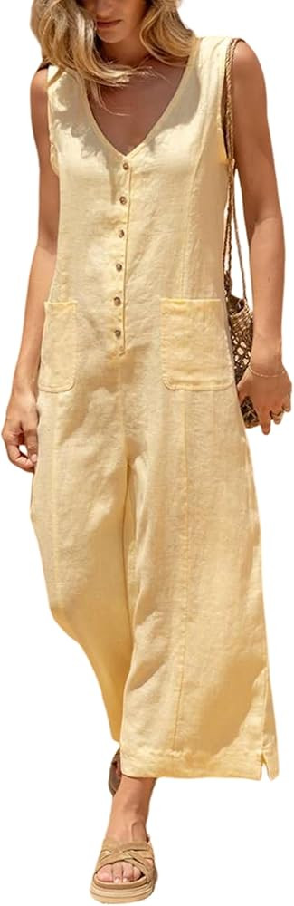 Yeokou Women Button Down Jumpsuits Cotton Linen Sleeveless Casual Wide Legs Rompers Loose Overall... | Amazon (US)