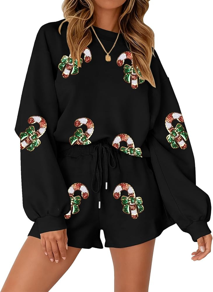Women 2 Piece Outfits Christmas Sweat Shorts Sets 2025 Oversized Casual Lounge Matching Set Sweat... | Amazon (US)