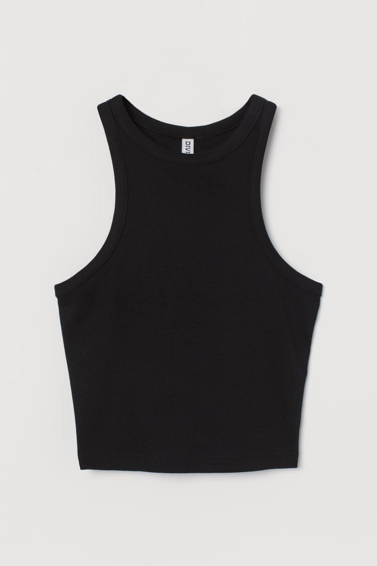 Fitted, crop tank top in ribbed cotton jersey. Narrow cut at top with a racer back.SizeThe model ... | H&M (US)