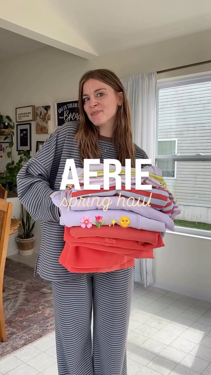 Aerie Spring Haul 🌸🌷 loving allll the stripes and pastels! Now I’m just ready for the weather to follow hehe 

Wearing a size small in everything but the blue and coral striped sweatshirt — it’s a medium (because they were sold out of the small in store) 

#aerie #outfitideas #outfitinspo #springoutfit #ltkstyletip

#LTKootd #LTKSaleAlert #LTKSpringSale