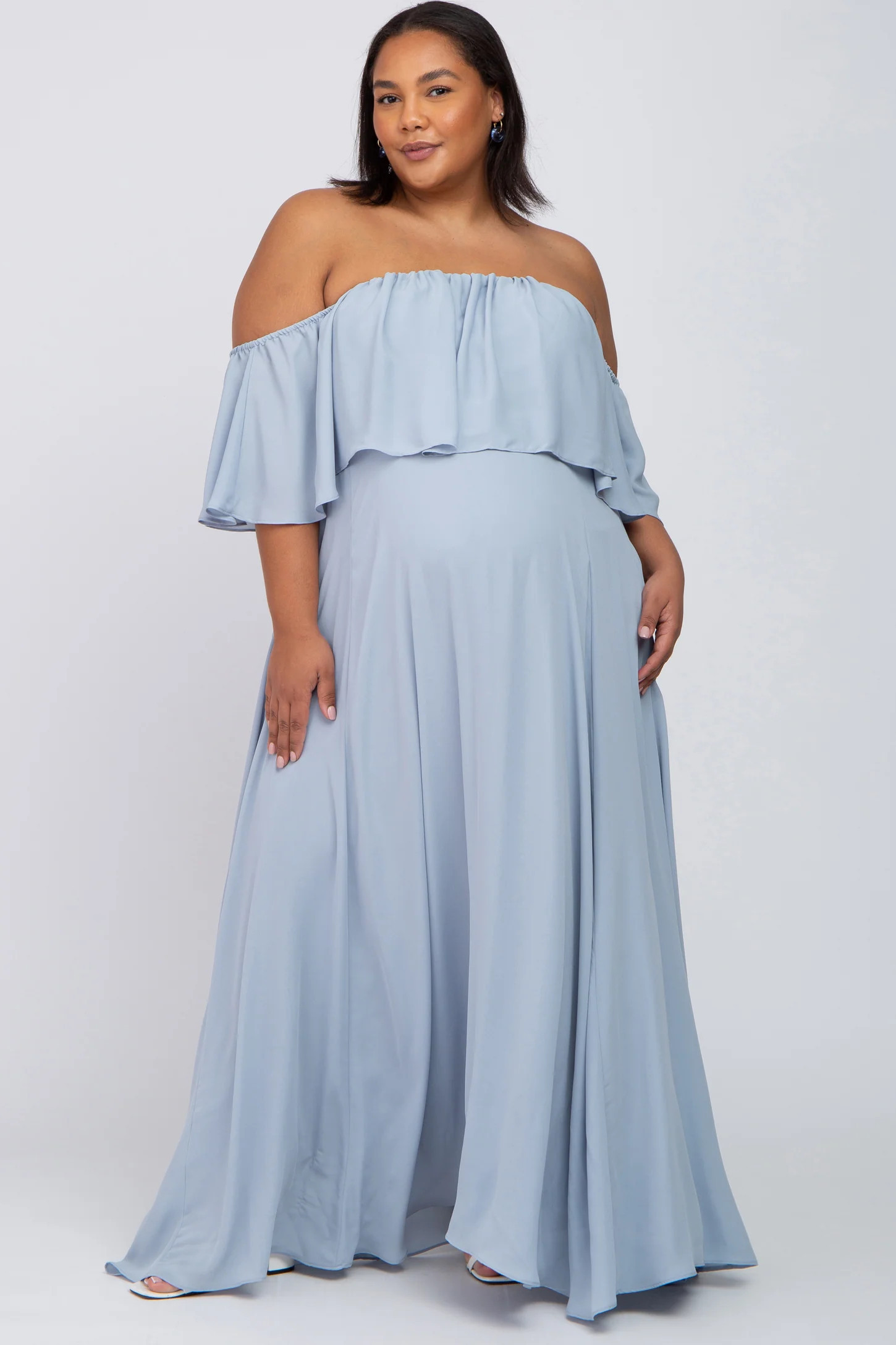 Light Blue Chiffon Off Shoulder Maternity Plus Gown | PinkBlush Maternity