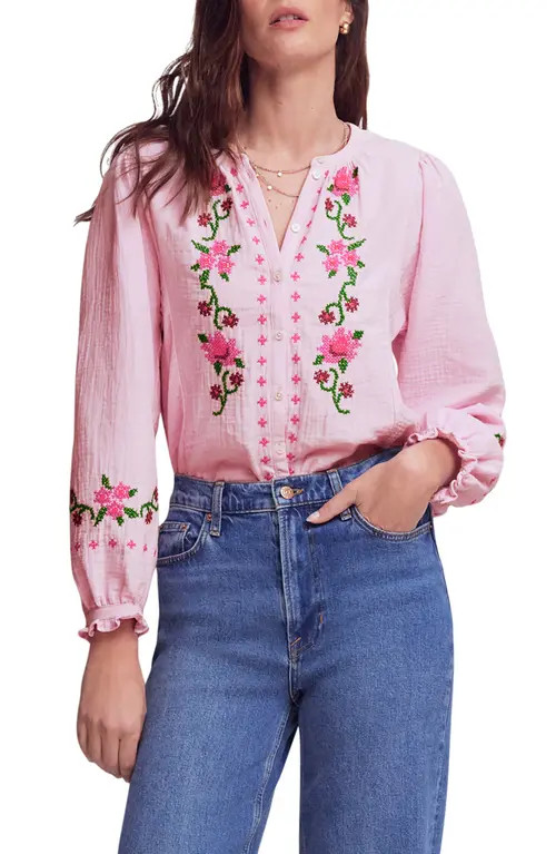 Boden Camille Double Cloth Button-Up Shirt in Pink Embroidery at Nordstrom, Size 10 | Nordstrom