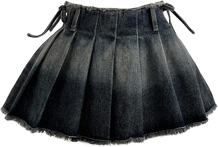 GORGLITTER Women's Y2K Pleated Mini Jean Skirt Zipper Raw Hem Ruffle Music Festival Flared Denim ... | Amazon (US)