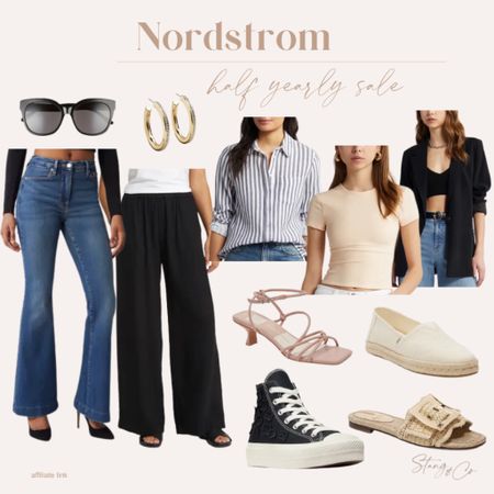 Nordstrom half yearly sale picks include flare jeans, wide leg pants, a button up blouse, tee, blazer, strappy sandals, slide sandals, and sneakers. 

Nordstrom sale, look for less, tall friendly style 

#LTKsalealert #LTKfindsunder100 #LTKstyletip