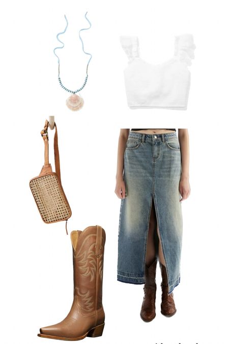 Costal cowgirl, jean skirt styled, costal cowgirl vibes, neutral outfit, cowboy boots, spring outfit, concert outfit, summer outfit

#LTKunder100 #LTKshoecrush #LTKstyletip