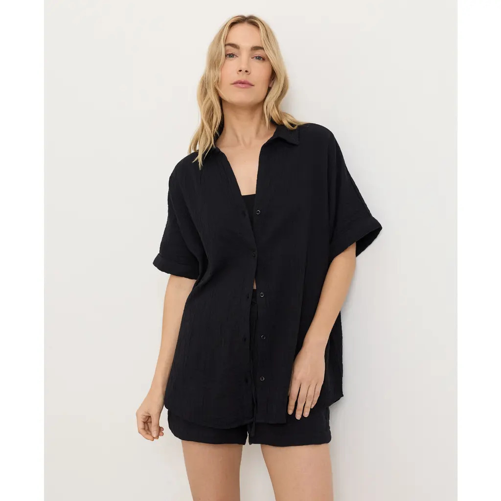 Pact Organic Cotton Coastal Double Gauze Relaxed Shirt in Jet Black at Nordstrom, Size Small | Nordstrom
