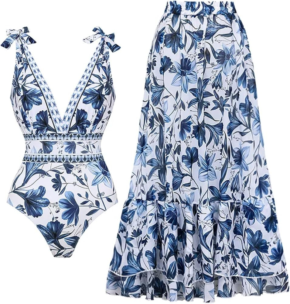 FLAXMAKER Blue and White V Neck Lace Up Strip Plant Prints One Piece Swimsuit and Skirt/Sarong | Amazon (US)