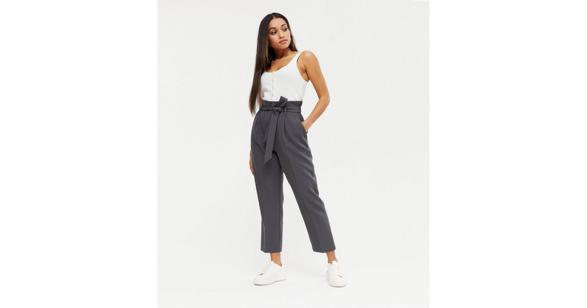 Petite Dark Grey High Tie Waist Trousers
						
						Add to Saved Items
						Remove from Saved ... | New Look (UK)