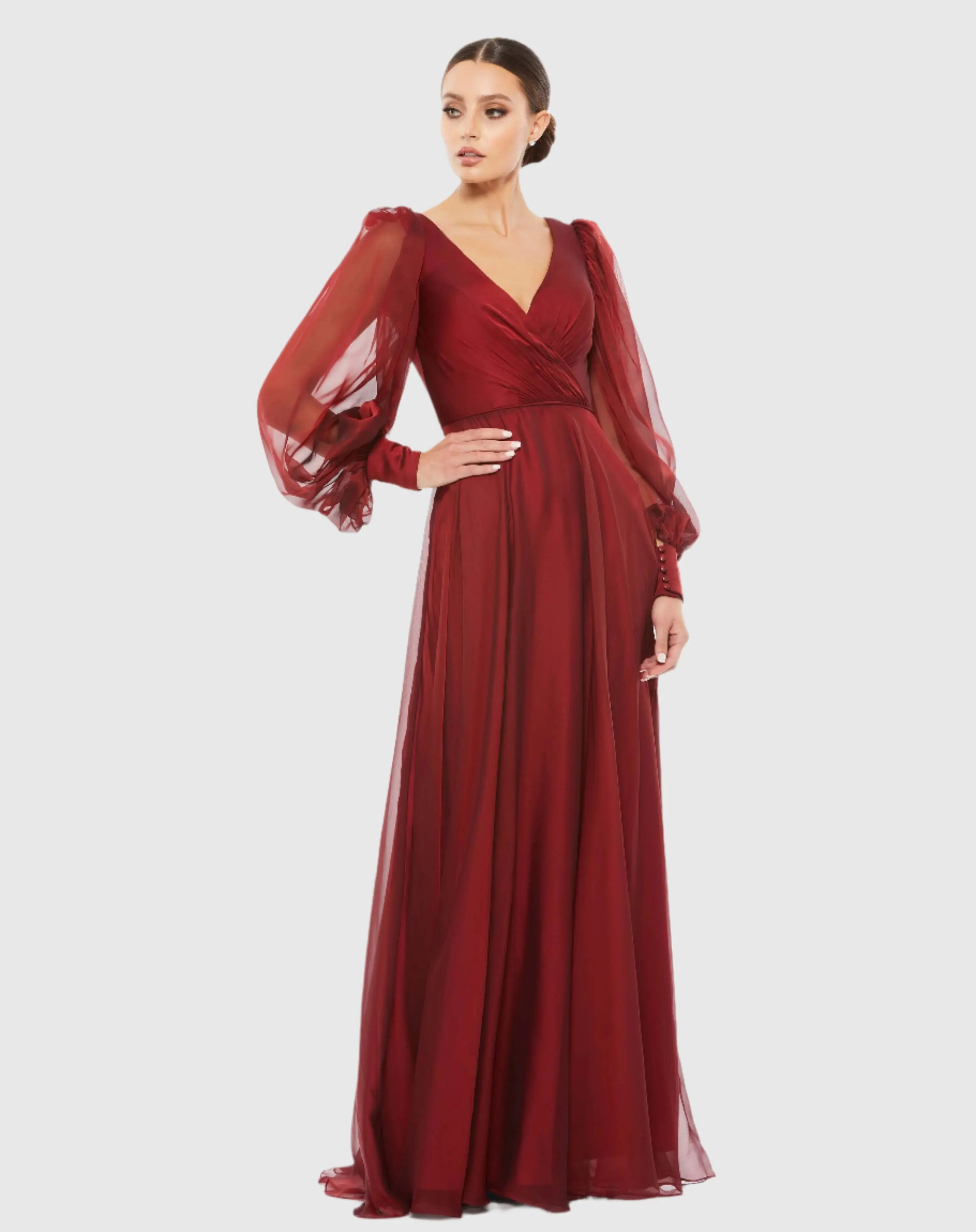 Red Sheer Blouson Sleeve Surplice Gown - Mac Duggal | Mac Duggal