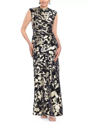 Women's Floral Print Crinkle Metallic Ruched Gown | Belk