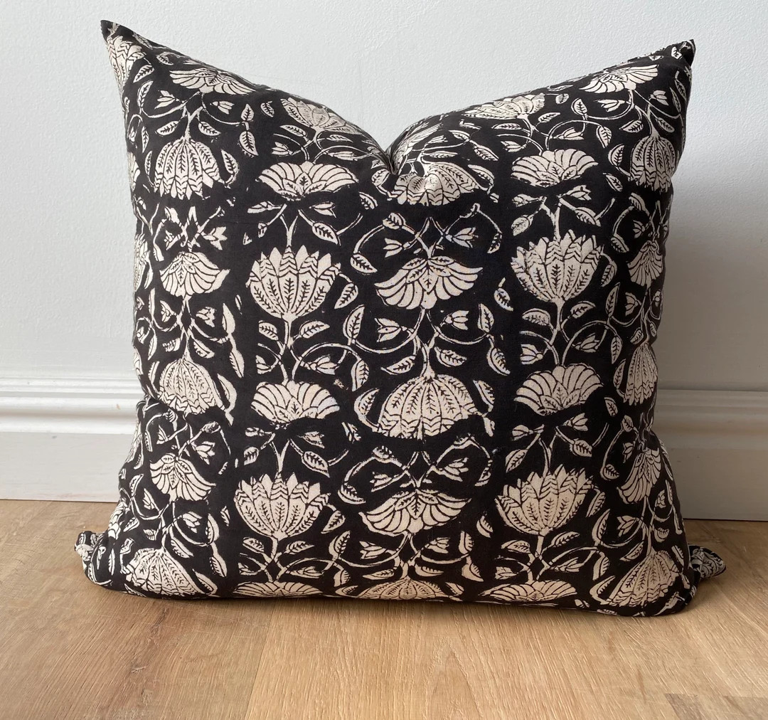 Indian boho block print mustard yellow floral hand stamped woven pillow cover euro sham nursery e... | Etsy (US)