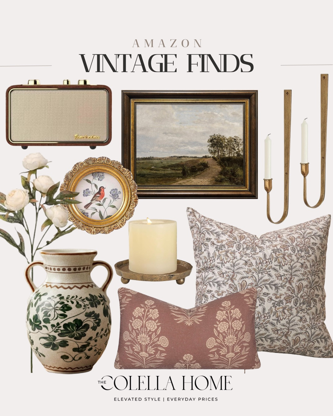 Amazon vintage finds include throw pillows, vase, floral stem, candle holder, wall art, wall candle holders, and vintage radio.

Home decor, looks for less, vintage looks, vintage decor

#LTKHome #LTKSaleAlert #LTKSeasonal