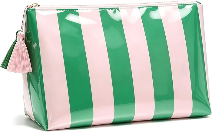 LETGO Green Pink Striped Waterproof PVC Beach Makeup Bag with Tassel Zipper, Large Preppy Coastal... | Amazon (US)