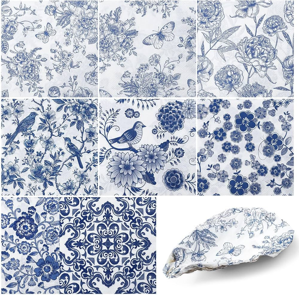 16 Pcs 8 Styles Decoupage Napkins, Blue and White Floral Paper Napkins Chinoiserie Decorative Coc... | Amazon (US)