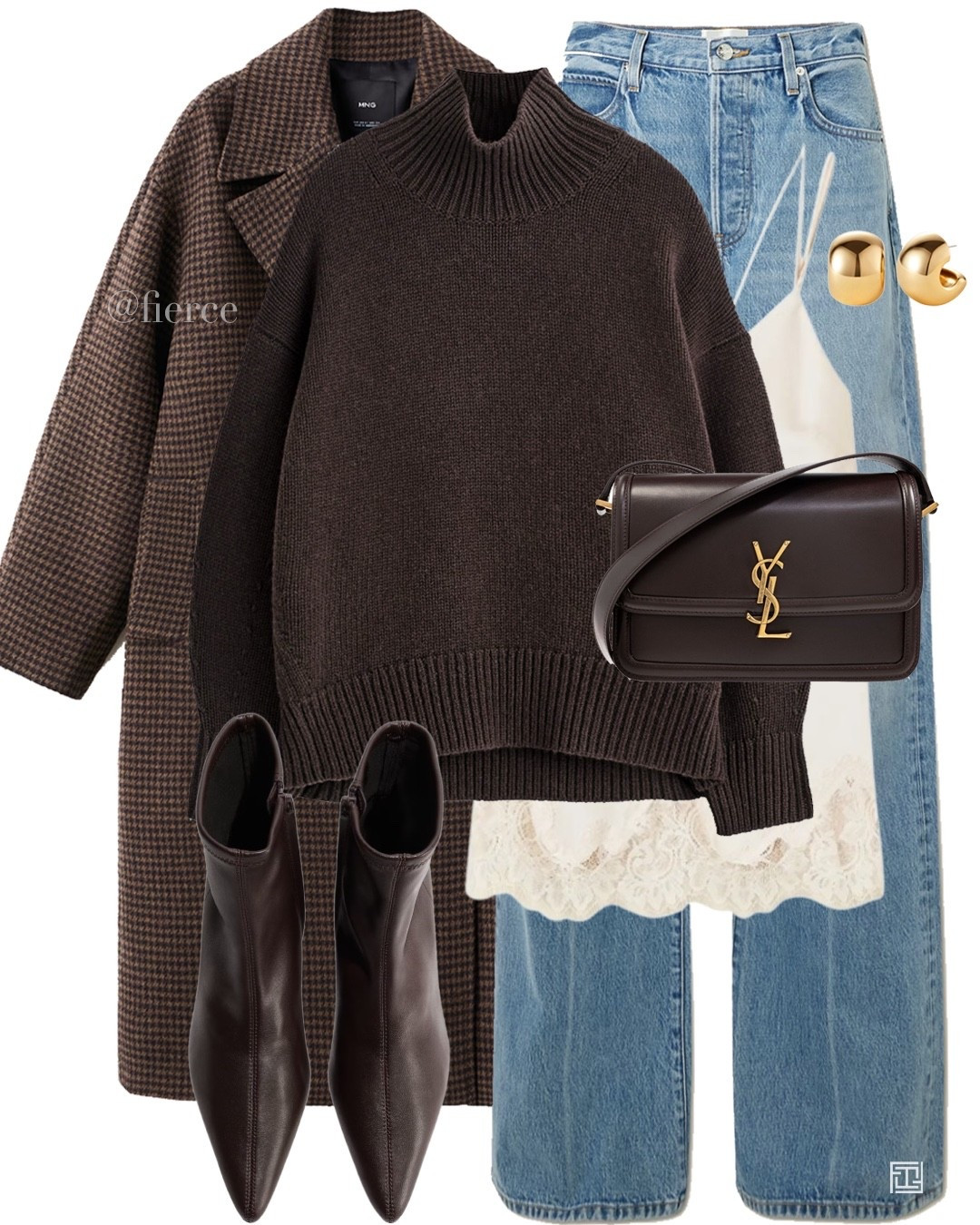 Blue jeans cream lace trim top brown houndstooth wool coat Ysl chocolate brown bag chocolate brown oversized jumper chocolate heeled ankle boots chic outfit city break 

#LTKuk #LTKeurope #LTKwinter