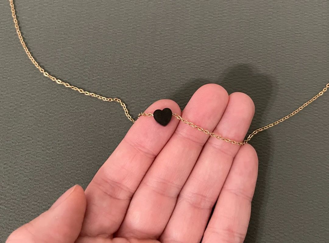 Tiny Black Heart Charm Necklace, Non Tarnish Stainless Steel, Black Charm on Gold Electroplated o... | Etsy (US)