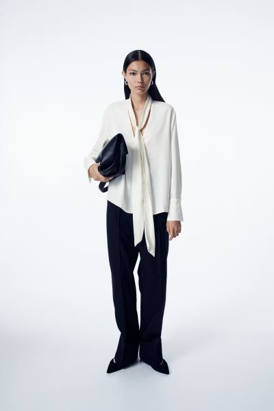 Blouse with Tie Detail - V-neck - Long sleeve - White - Ladies | H&M US | H&M (US + CA)