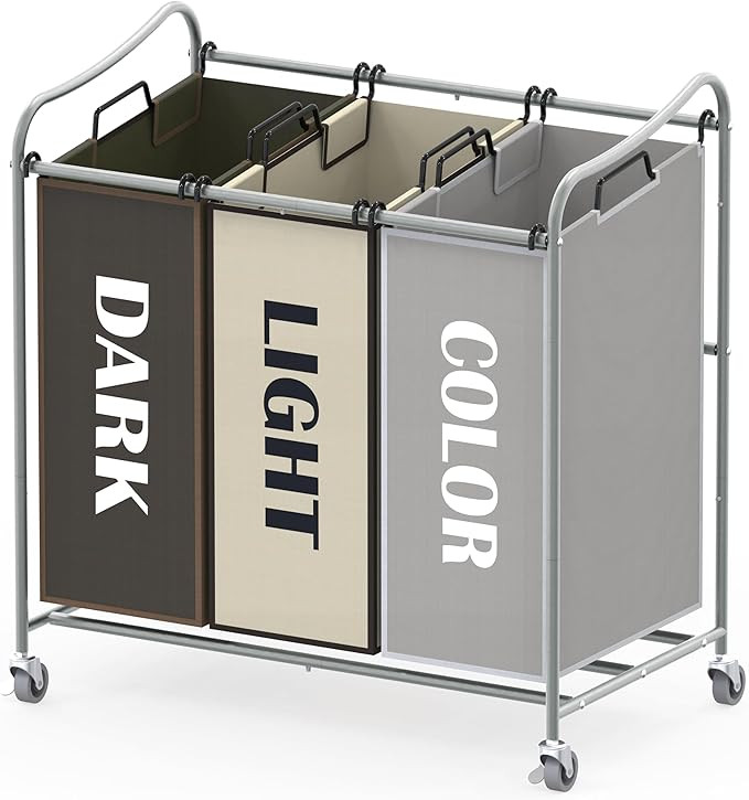 Simple Houseware Heavy Duty 3-Bag Laundry Sorter Rolling Cart, Silver/Assorted | Amazon (US)