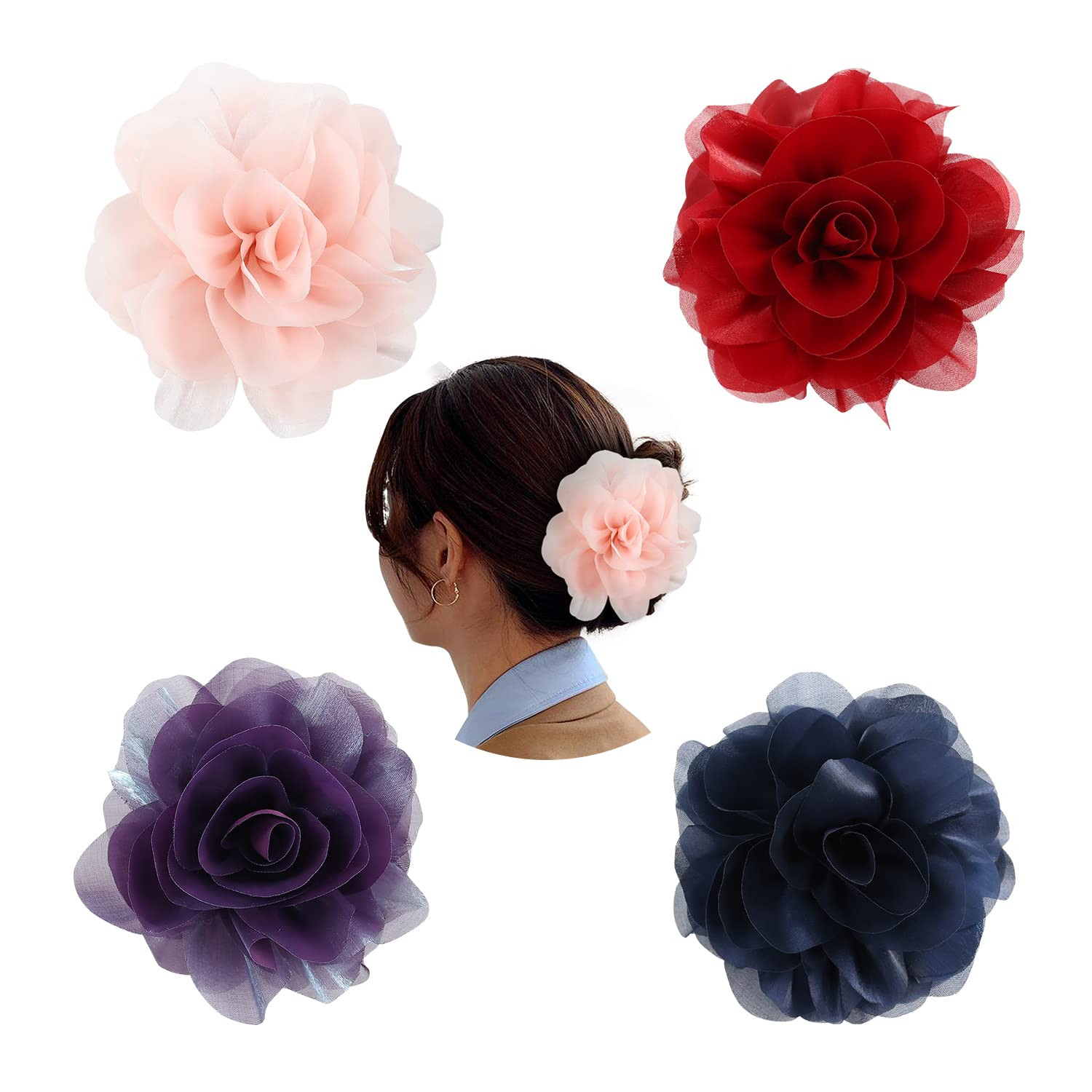 Cinaci 4 Pack Chiffon Big Rose Flower Bow Plastic Hair Claw Clips Barrettes Clamps Ponytail Holde... | Amazon (US)