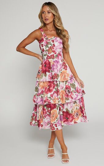 Caro Midi Dress - One Shoulder Tiered Dress in Spring Floral | Showpo (US, UK & Europe)