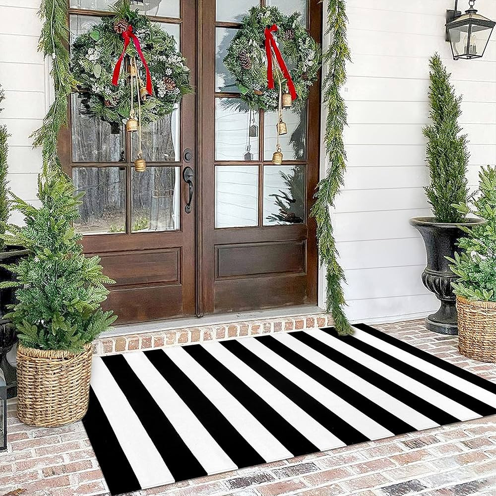 Black White Striped Rug - 4'X6' Front Door Mat Outdoor, Welcome Mats Rug Outdoor, Cotton Washable... | Amazon (US)