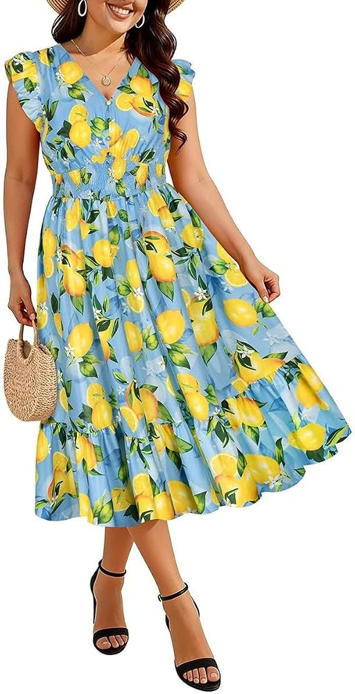 RITERA Womens Plus Size Summer Dresses V Neck Boho Floral Midi Dress Ruffle Sleeve Smocked Casual... | Amazon (US)