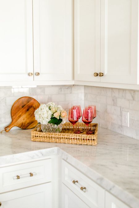 Pink rose wine glasses in woven tray! 

#LTKfindsunder100 #LTKhome #LTKfindsunder50