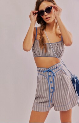 Free People Sunday Stroll Set Grey Blue Striped Crop Top Shorts Size XS $148  | eBay | eBay US