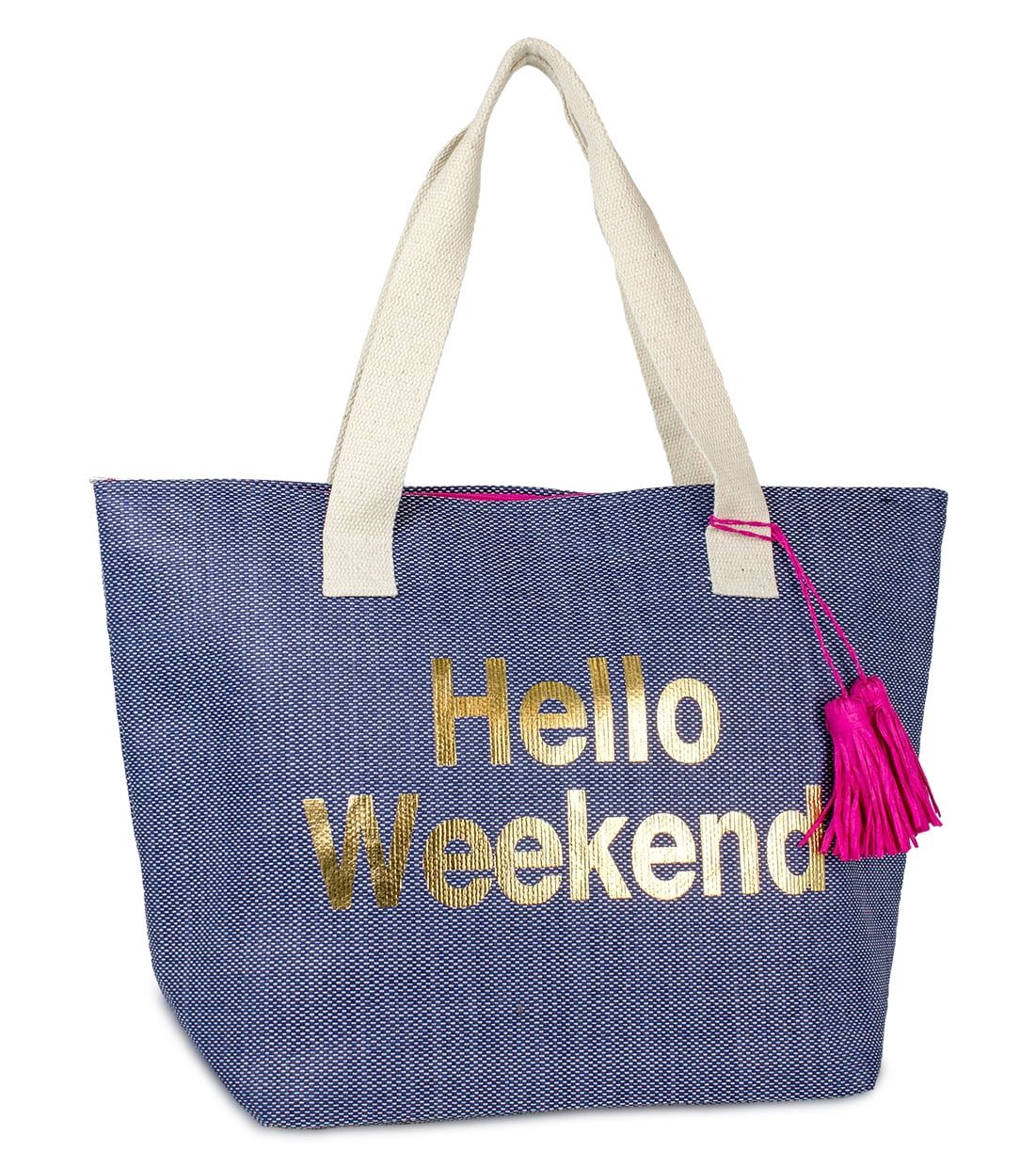 Women's Insulated Paper Straw Hello Weekend Beach Tote Bag with Metallic Writing, Tassel and Flat... | Walmart (US)