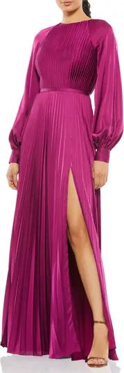 Mac Duggal Pleated Long Sleeve Satin A-Line Gown | Nordstrom | Nordstrom