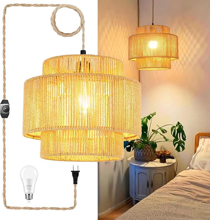Rattan Plug In Pendant Light：This Is A Handcrafted Woven Bamboo Lamp Shade With Beautiful Delic... | Amazon (US)