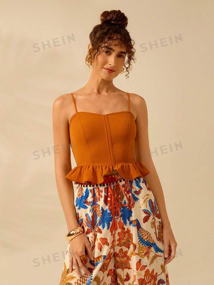 CAJUNI Women's Sleeveless Ruffled Hem Orange-Brown Color Vacation Casual Tank Top, Summer | SHEIN