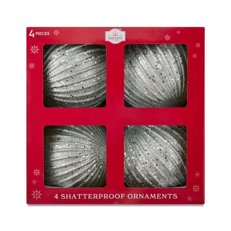 4-Count Silver Glitter Shatterproof Ridged Christmas Ornaments, 6 in, by Holiday Time - Walmart.c... | Walmart (US)