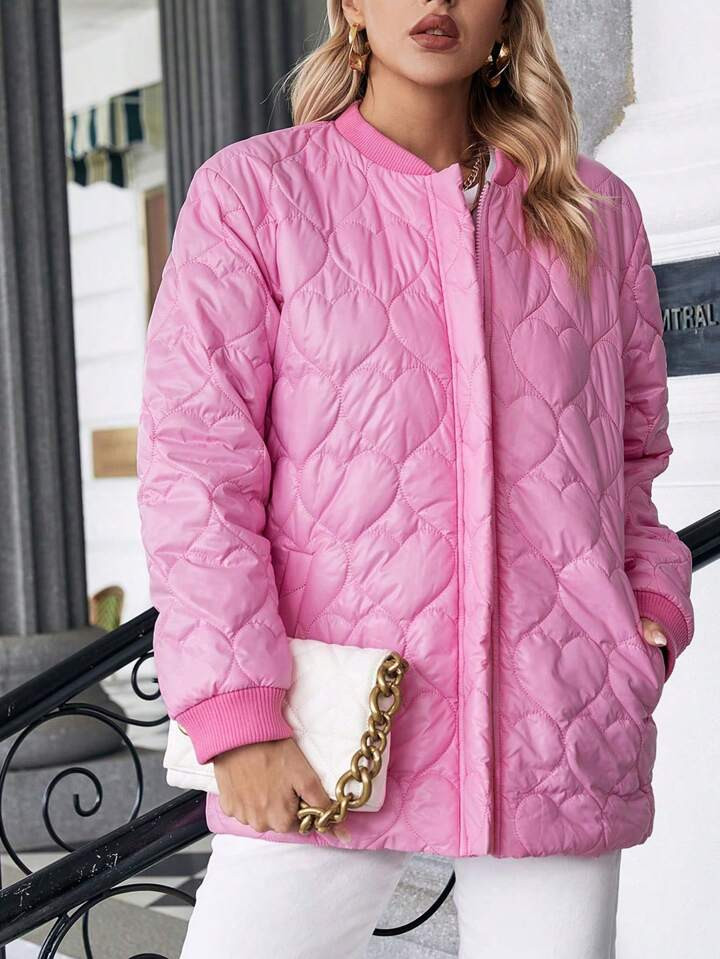 SHEIN Essnce Slant Pockets Baseball Collar Quilted Coat | SHEIN