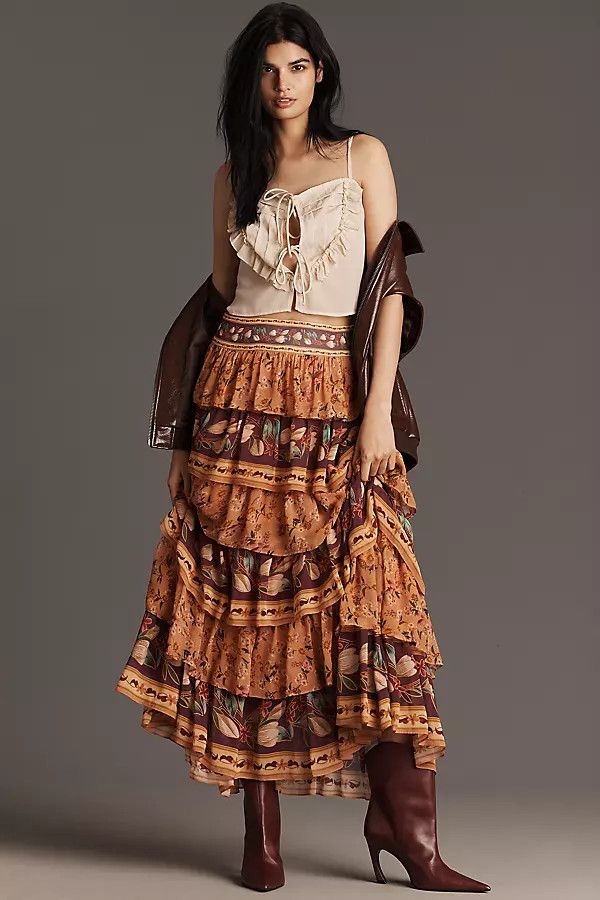 Farm Rio Colorful Birds Tiered Maxi Skirt | Anthropologie (US)