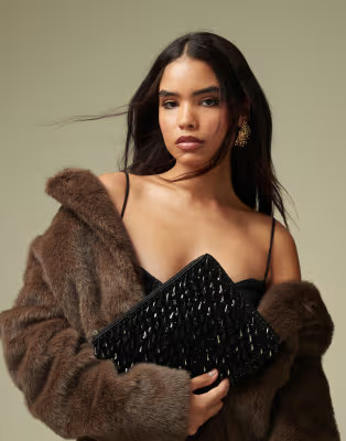 ASOS DESIGN zip top clutch bag in all over beads in black | ASOS (Global)