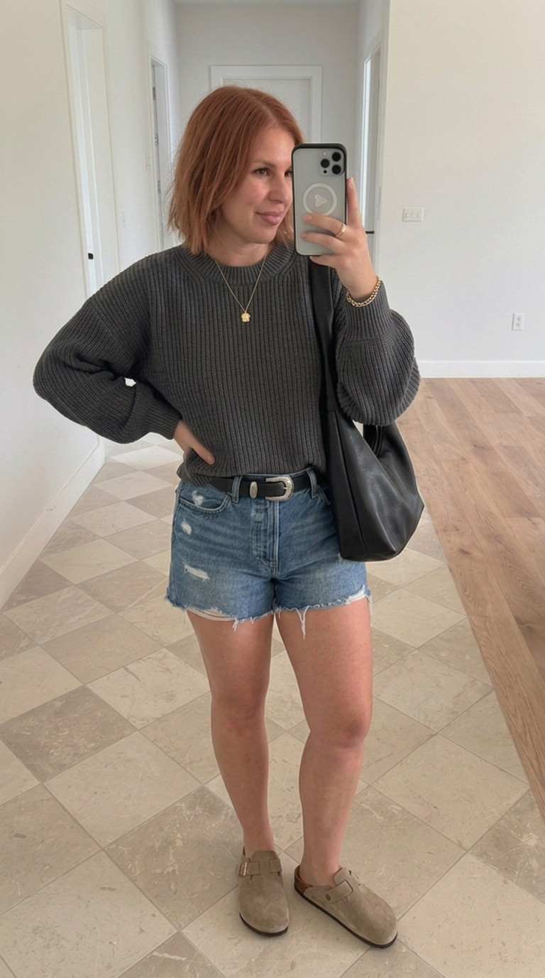 The perfect spring transition outfit when the mornings are still cool. Charcoal ribbed knit sweater with distressed denim cutoff shorts, a black western belt, taupe suede Birkenstock clogs, and a black leather shoulder bag. Easy, effortless, and goes with everything. #springoutfit #amazonfinds #sweaterandshorts #denimshorts #birkenstocks #casualoutfit #transitionoutfit #ootd
 

 

#LTKmomlife #LTKMidsize #LTKTall