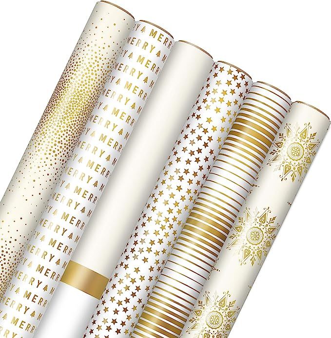 Hallmark Bulk Holiday Wrapping Paper with Cut Lines on Reverse (6 Rolls: 180 sq. ft. ttl) Gold, I... | Amazon (US)