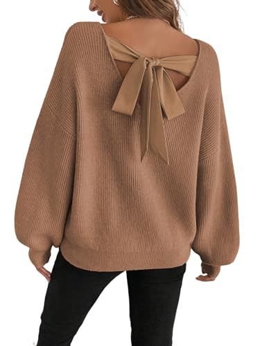 ZAFUL Women's Bow Chuncy Knit Sweater Crew Neck Long Sleeve Knitted Sweater Trendy Fall Pullover Sweaters 2025 Brown XL | Amazon (US)