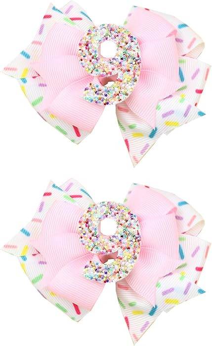 Birthday Hair Bow for Baby Girls - 2Pcs Pink Sprinkle Hair Clips for 9th Birthday Glitter Ice Cre... | Amazon (US)