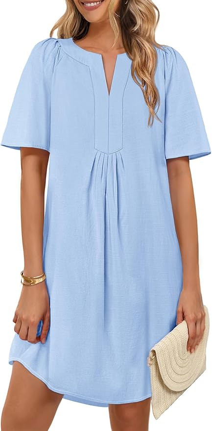 MEROKEETY Women's Summer Casual Mini Dresses Flutter Short Sleeve V Neck Shift Tunic Dress with P... | Amazon (US)