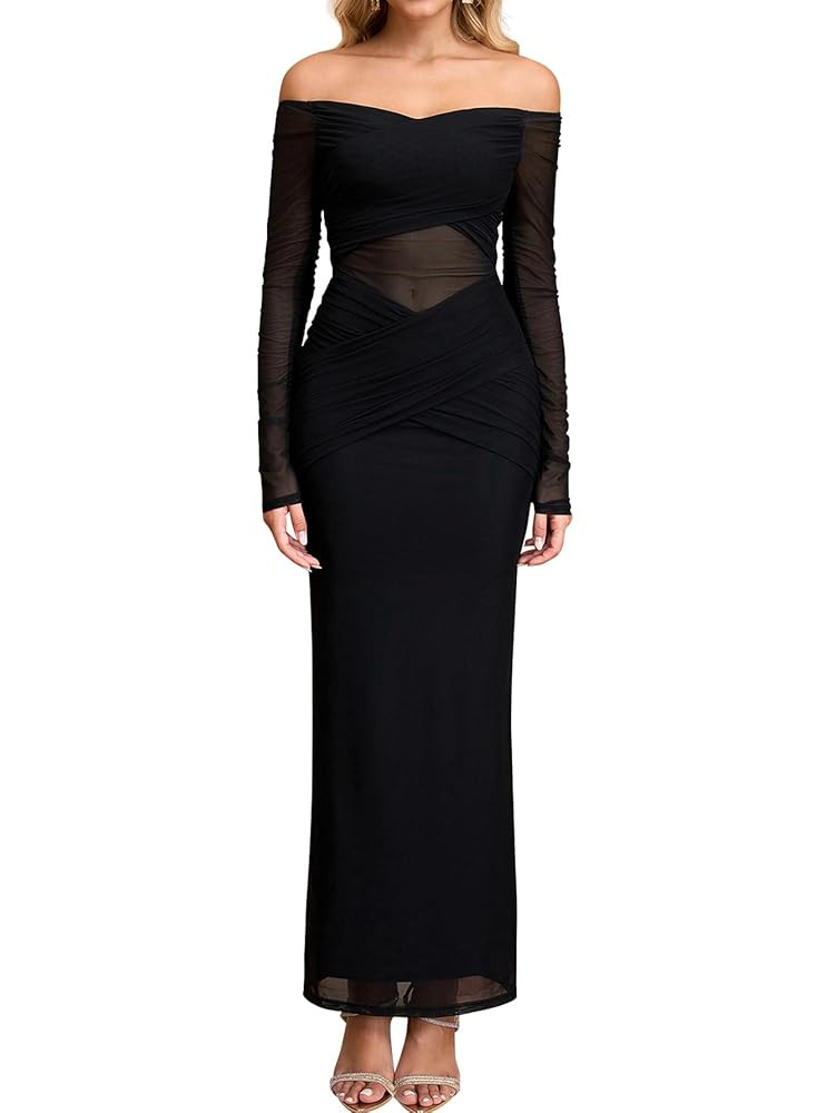KUTUMAI Women Sheer Long Sleeve Off Shoulder Formal Cocktail Wedding Guest Dresses Fall Mesh Ruch... | Amazon (US)