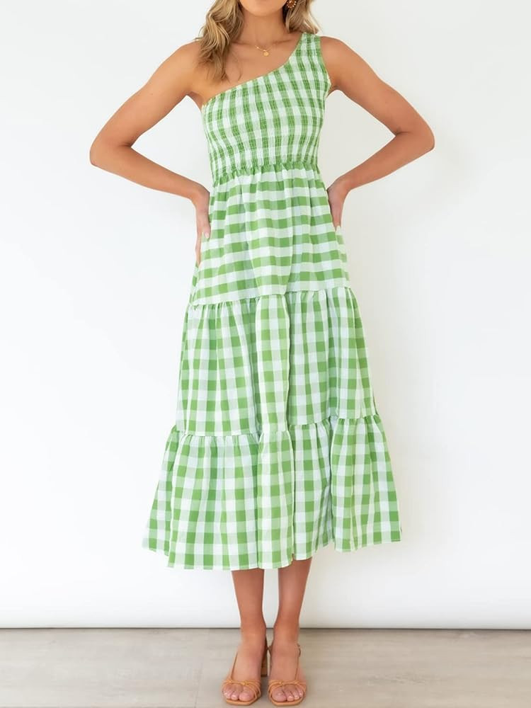 ZCSIA Women's Summer Boho One Shoulder Sleeveless Solid Color Ruffle Beach Party Tiered Midi Dress | Amazon (US)