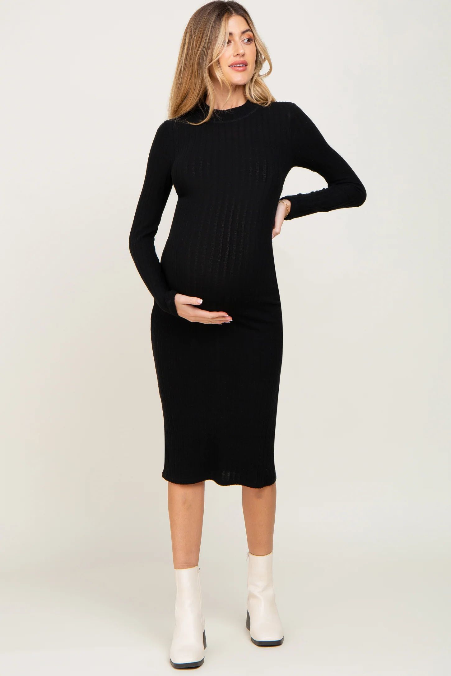 Black Brushed Knit Long Sleeve Mock Neck Maternity Dress | PinkBlush Maternity