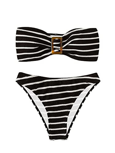 GORGLITTER Women's Strapless Bandeau Swimsuit High Waisted Thong Textured Bikini Set Bathing Suit | Amazon (US)