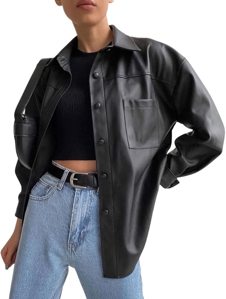 ELFTOWN Women's Button Down Black Faux PU Leather Jacket Shacket Casual Long Sleeve Loose Shirt B... | Amazon (US)