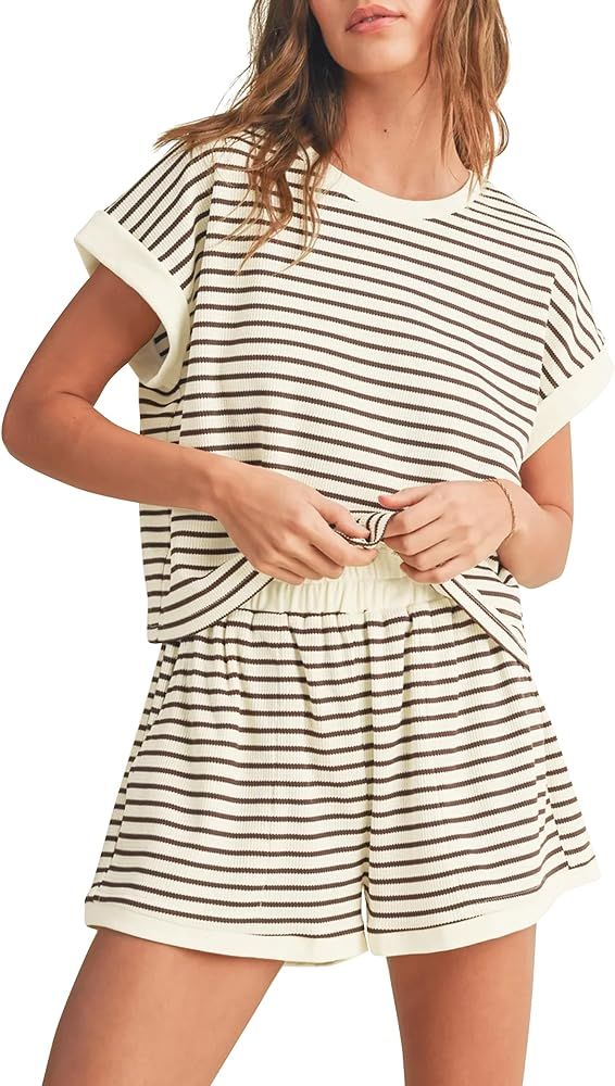Cioatin Women 2 Piece Matching Lounge Sets Striped Short Sleeve Tee Shirt and Shorts Knit Pajama ... | Amazon (US)