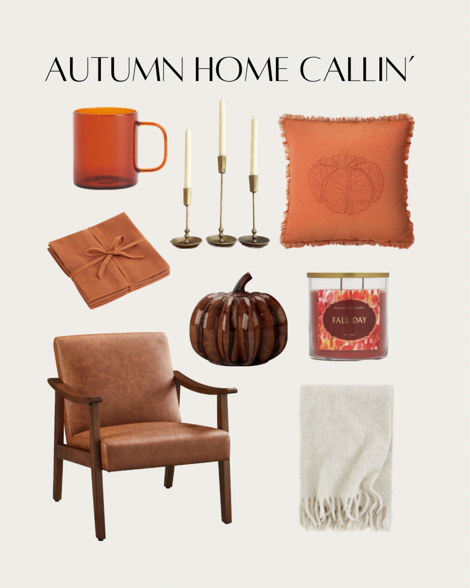 Autumn Home Callin': Cozy Up and Embrace the Season! Transform your home into an autumnal oasis with these affordable treasures. Snuggle under the Wool-blend throw in light beige, and set a warm table with the 4-pack cotton napkins in vibrant orange. Sip your favorite brew from the glass mug in a matching hue, and let the antique gold candlestick trio create a cozy ambiance. Add a touch of fall charm with the embroidered pumpkin decorative pillow, and infuse the air with the lidded glass jar fall day candle. Complete the look with the medium glass pumpkin dark decor and the Yaheetech modern faux leather armchair. Get ready to welcome autumn with open arms.
#AutumnHomeVibes #AffordableDecor #FallIntoCozy #SeasonalLiving #HomeSweetAutumn #AffordableFallDecor #HomeComforts #FallHome

#LTKHalloween #LTKhome #LTKSeasonal