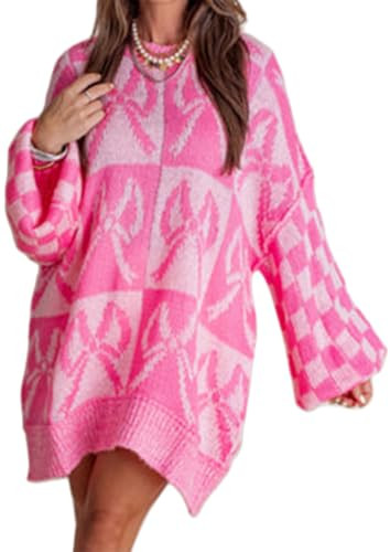 Women Heart Sweater Long Sleeve Color Block Checkered Valentine's Day Heart Sweatshirt Coquette Bow Shirt Knit Tops | Amazon (US)